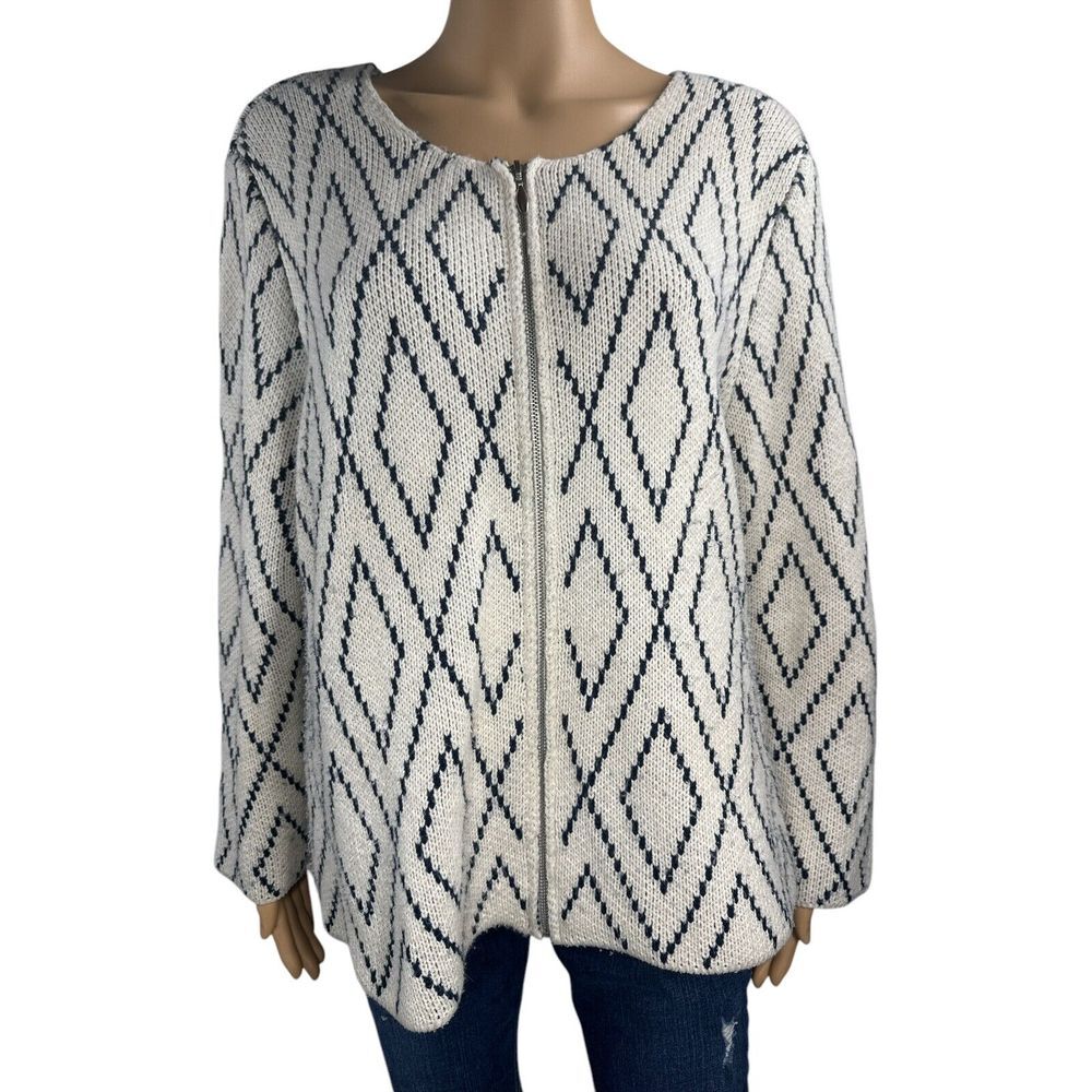 Vintage North Style Zip Up Cardigan 1X White Patterned‎ Knit Sweater